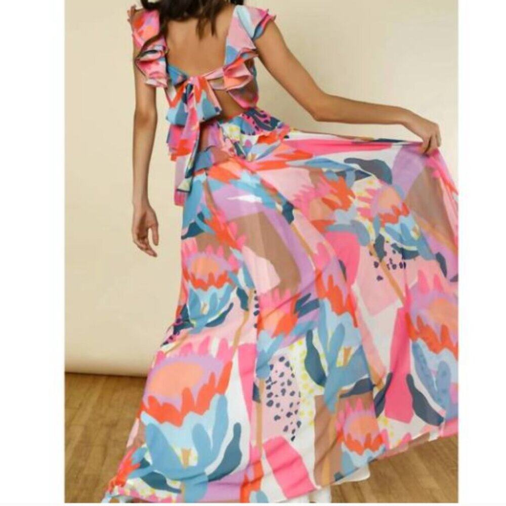 Hutch Rumi Colorful Abstract Tie Back Maxi Dress XS
